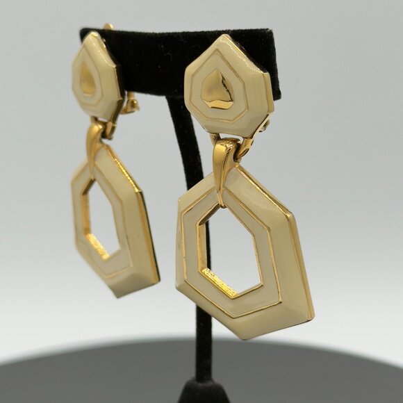 Vintage St. John Knits Tan Enameled Gold Tone Drop Clip On Earrings Geometric - Picture 6 of 14